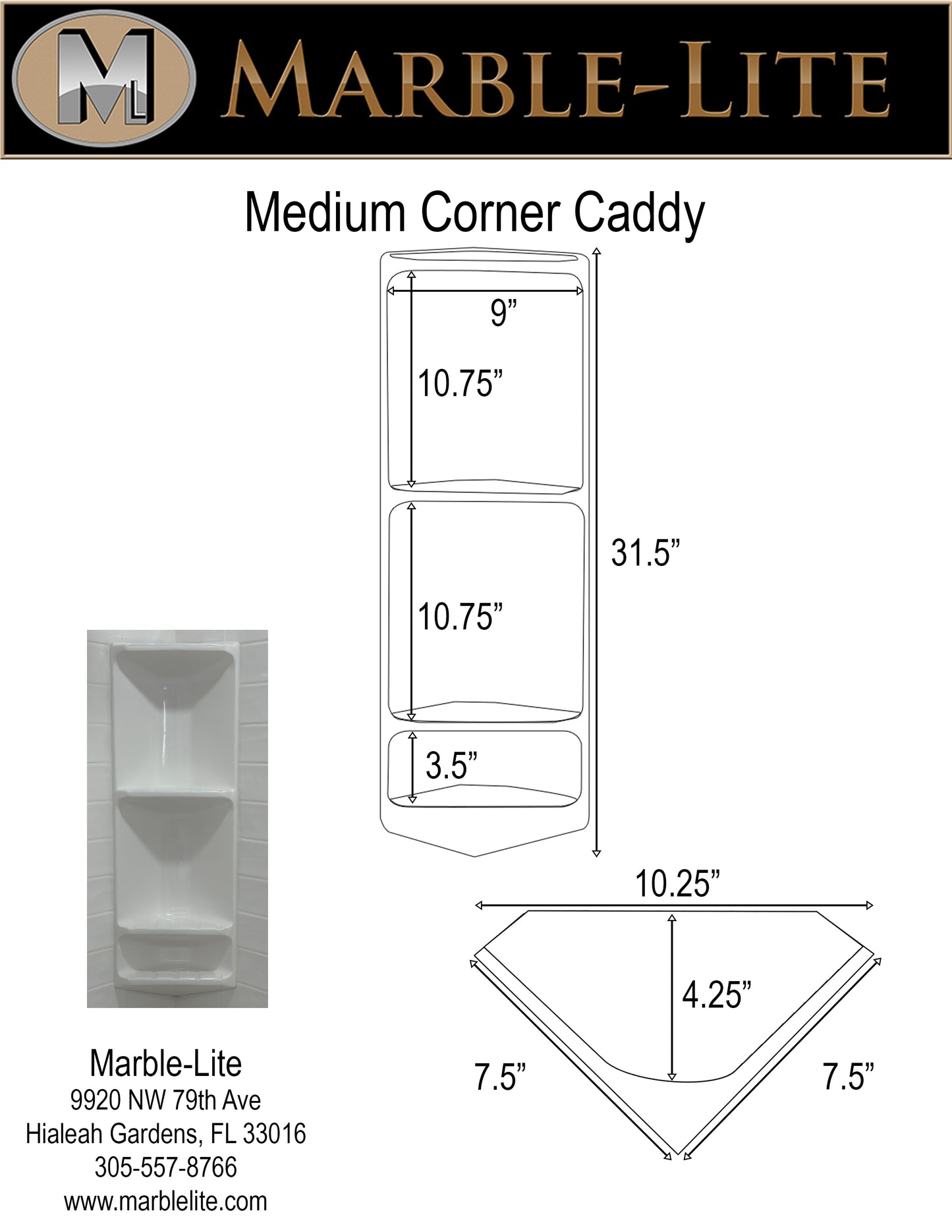 Medium Corner Shower Caddy — Triangular Shelf | Cultured Marble